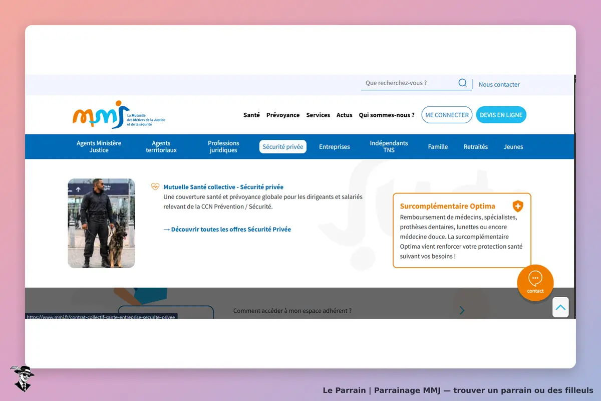 MMJ : page d'accueil présentant des services de santé et sécurité avec un agent et un chien