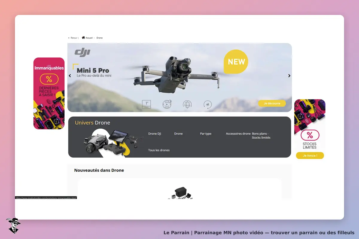 MN photo vidéo : page d'accueil présentant le drone Mini 5 Pro et des options d'achat