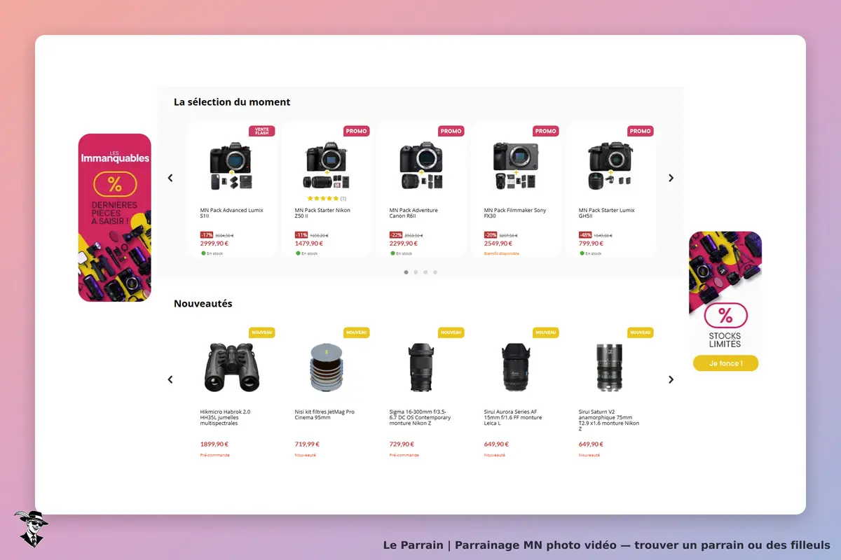 MN photo vidéo : page d'accueil avec sélection de produits photo et nouveautés en bas