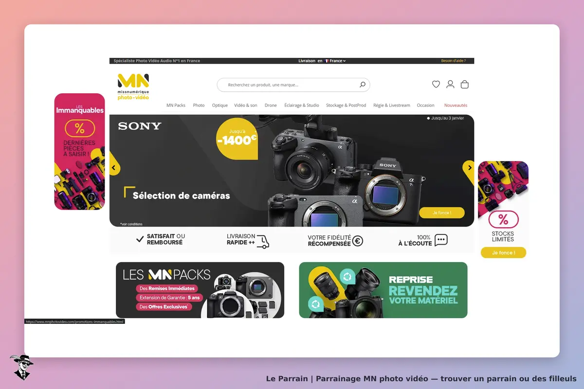 MN photo vidéo : page d'accueil présentant des caméras Sony et divers services liés à la photo