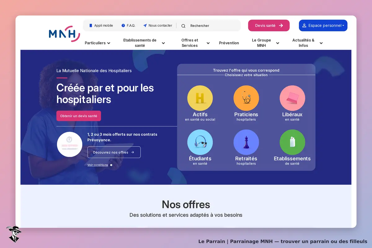 MNH : page d'accueil avec options pour les hospitaliers et un formulaire de devis santé