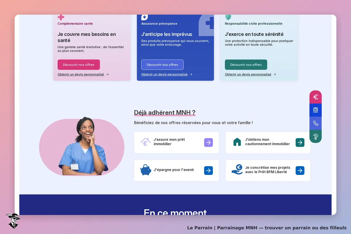 MNH : page d'accueil avec offres de santé et prévoyance, image d'une personne en blouse