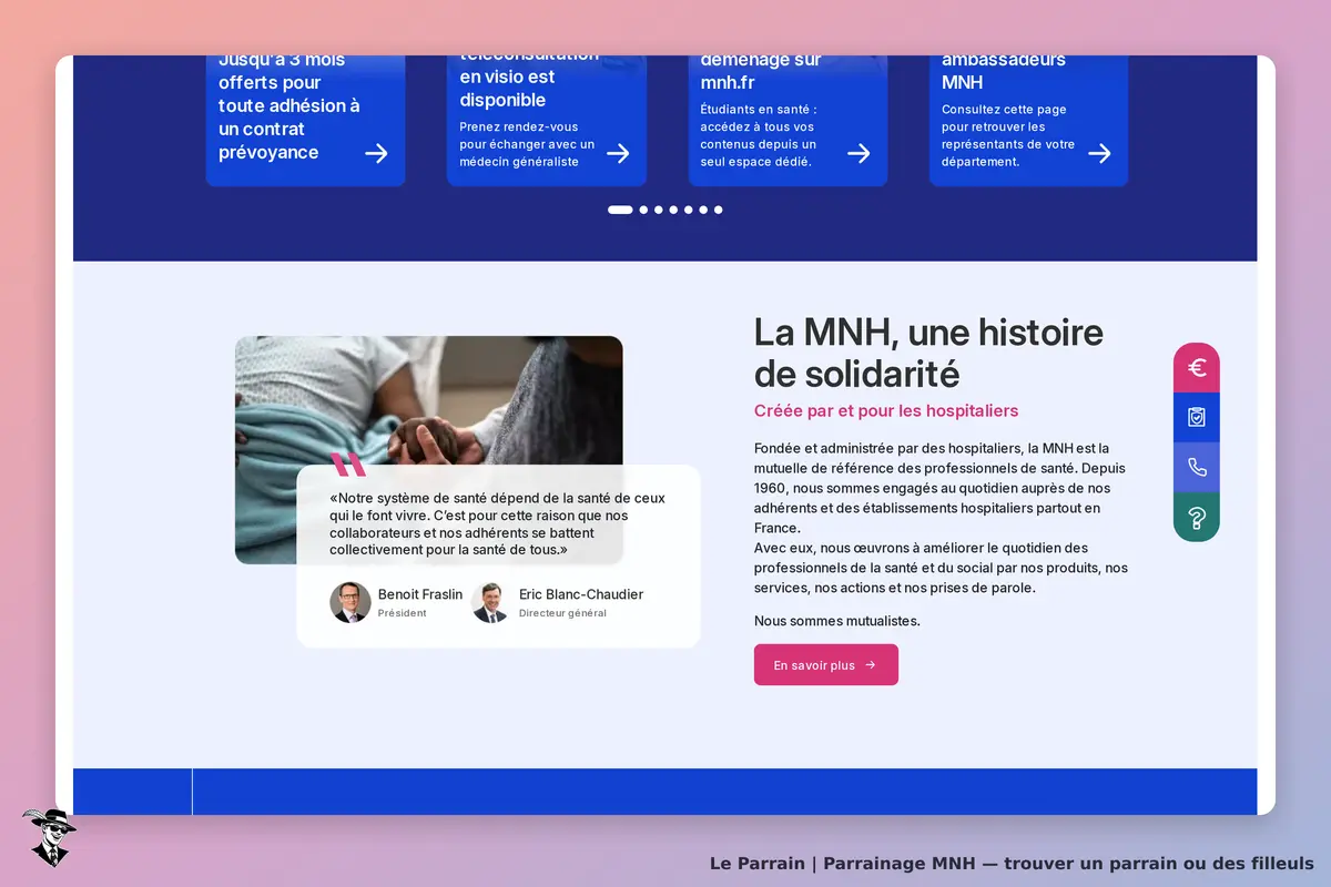 MNH : page d'accueil présentant la mutuelle, citations et informations sur la santé