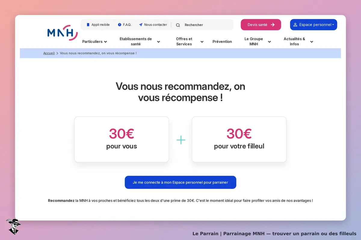 MNH : page d'accueil avec message de parrainage et boutons pour accéder à l'espace personnel
