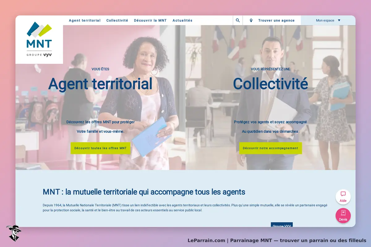MNT : page d'accueil présentant les sections Agent territorial et Collectivité avec images