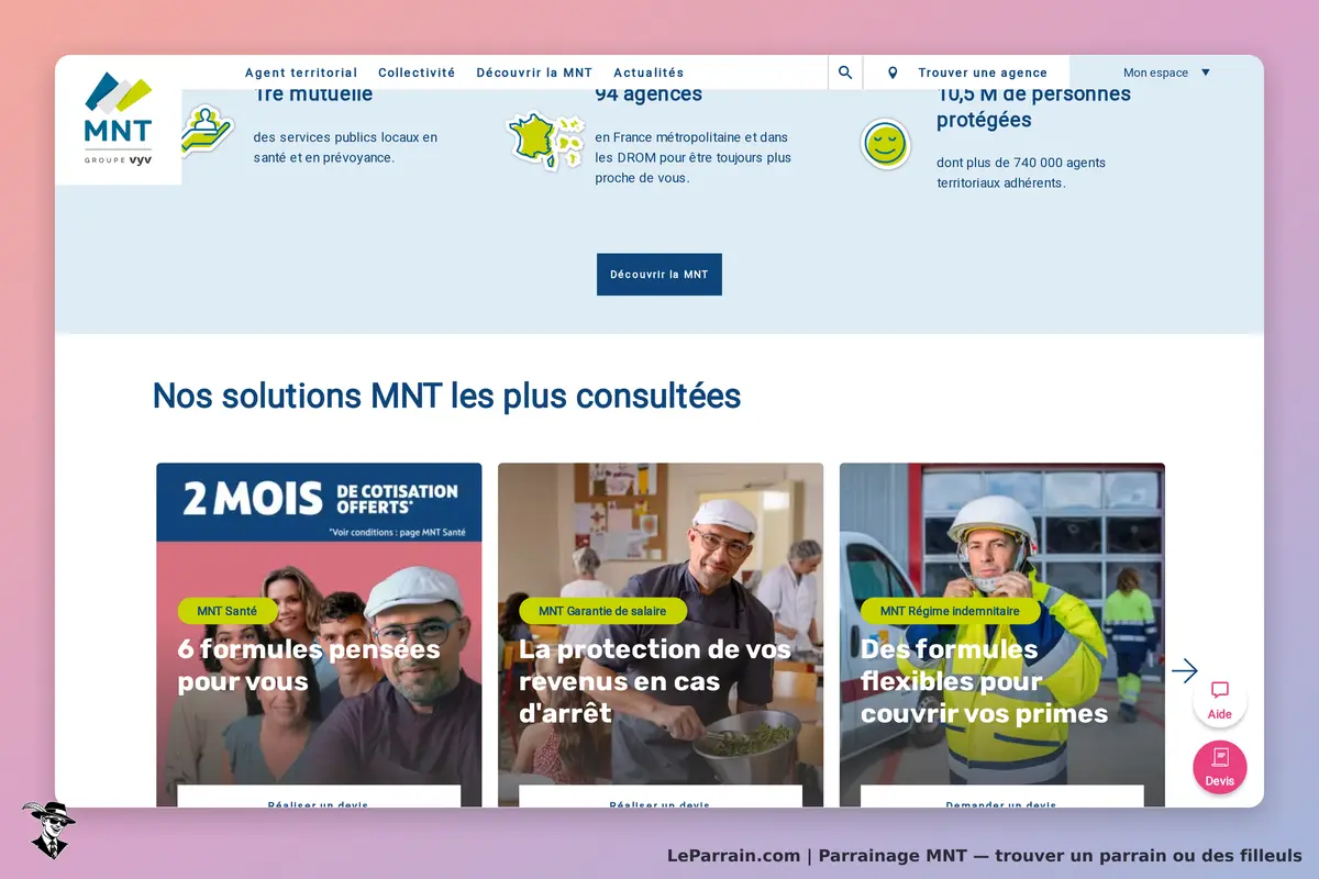 MNT : page d'accueil avec solutions MNT et images de personnes et services associés