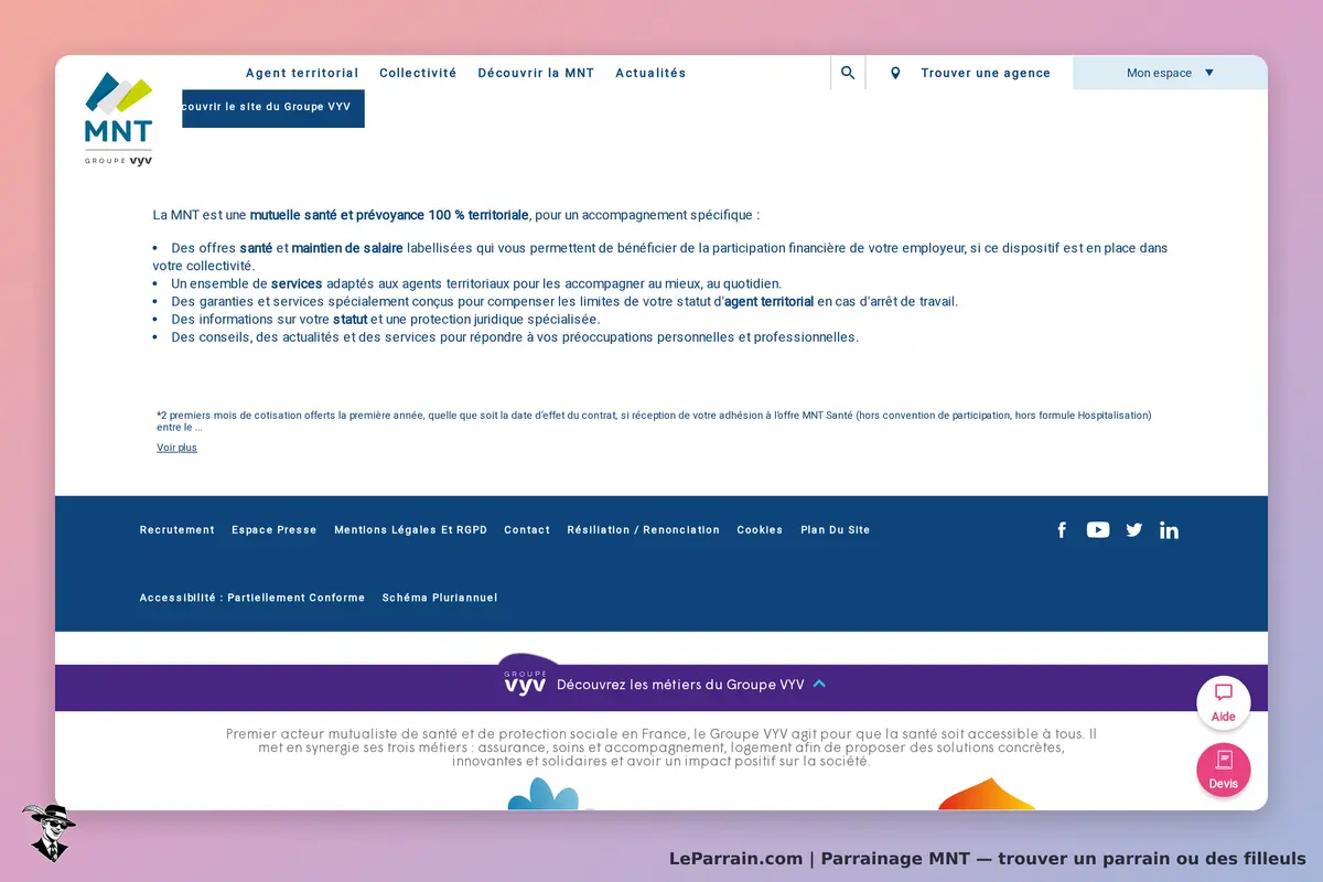 MNT : page d'accueil présentant les services de santé et prévoyance pour agents territoriaux
