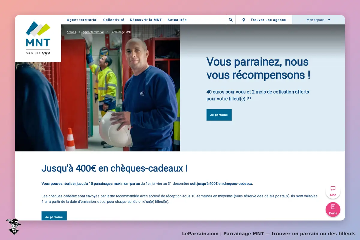 MNT : page d'accueil avec un homme tenant un casque et un message sur le parrainage