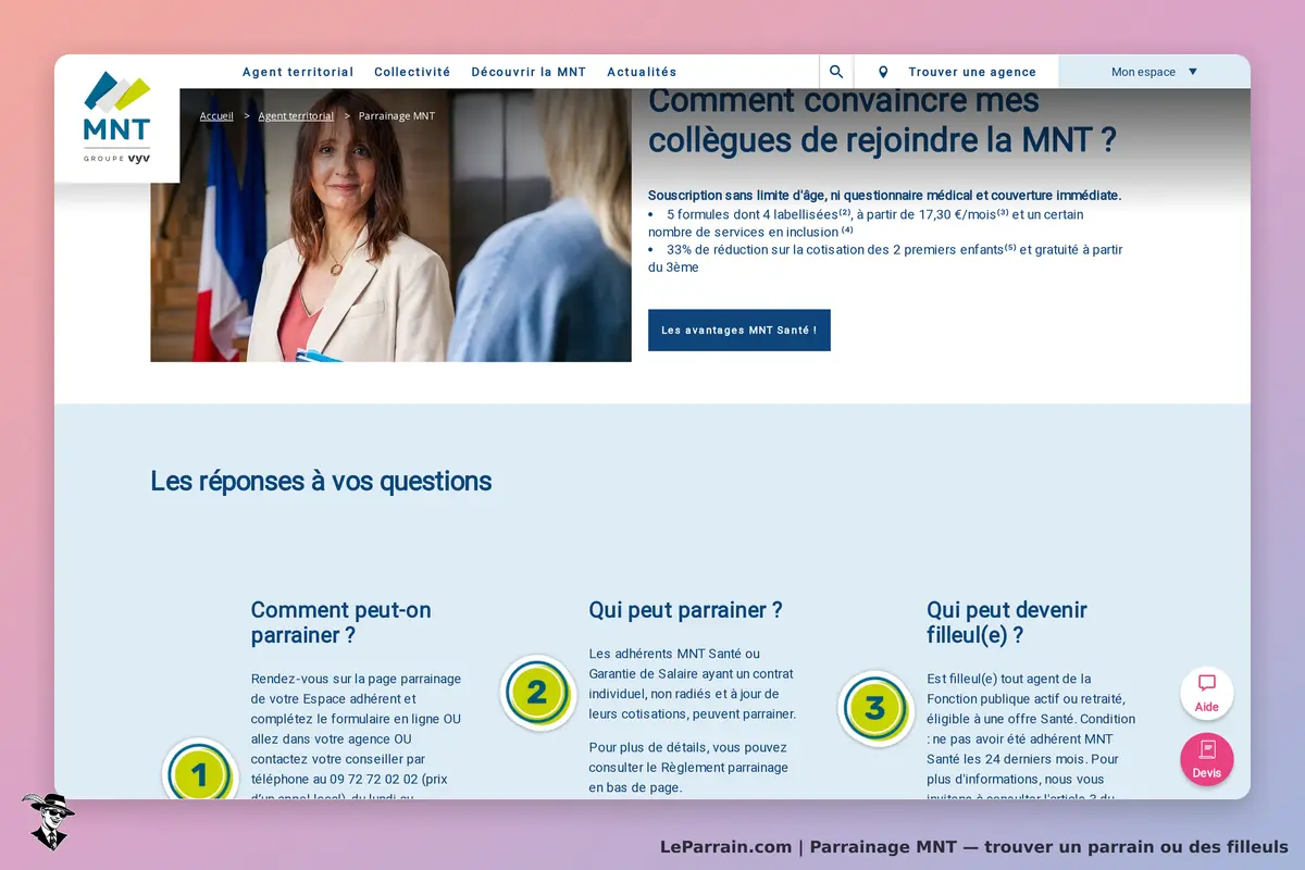 MNT : page d'accueil avec informations sur le parrainage et une femme souriante