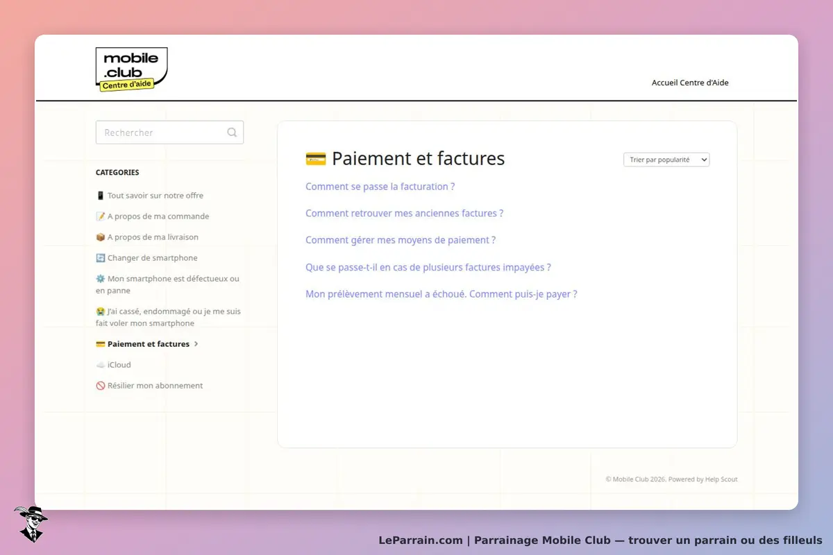 Mobile Club : page d'accueil du centre d'aide sur le paiement et les factures