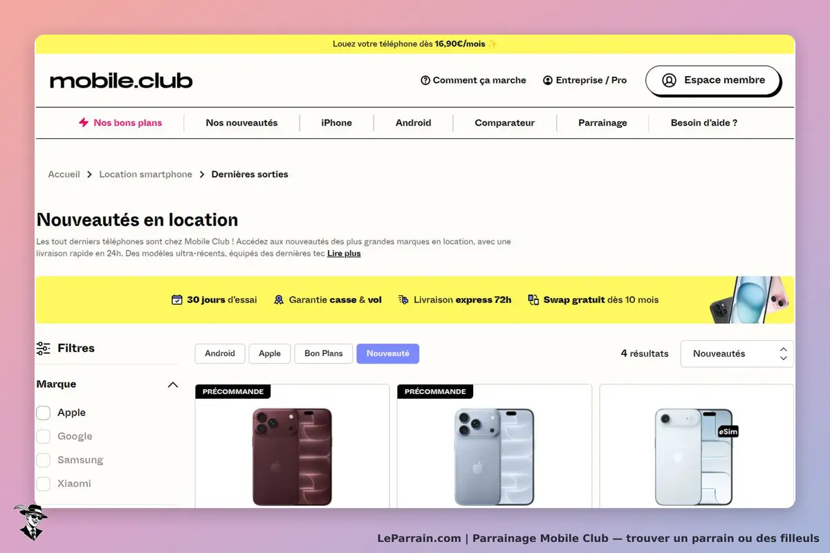 Mobile Club : mobile.club : page d'accueil avec les nouveautés en location et des smartphones