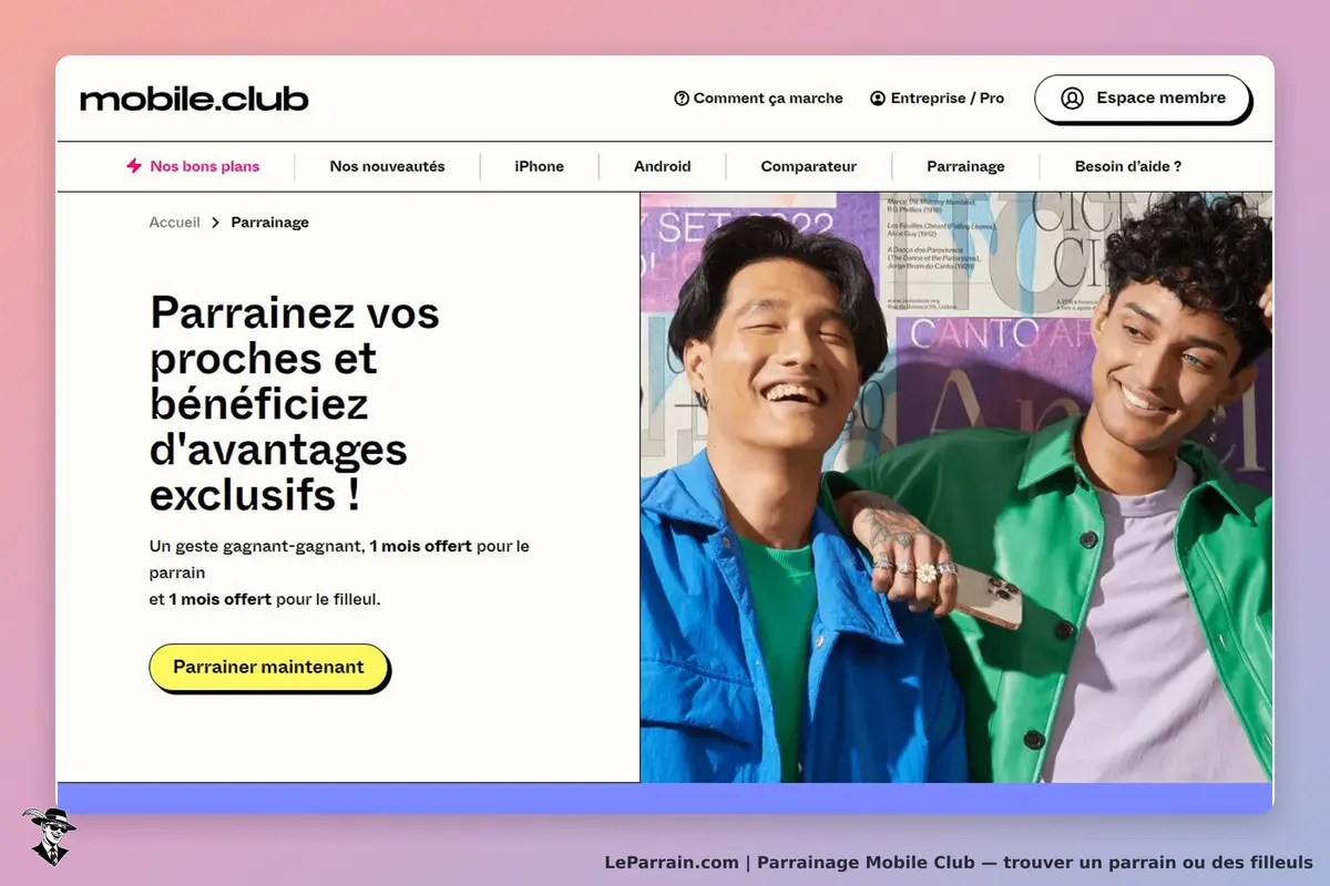 Mobile Club : mobile.club : page d'accueil avec deux hommes souriants et texte sur le parrainage