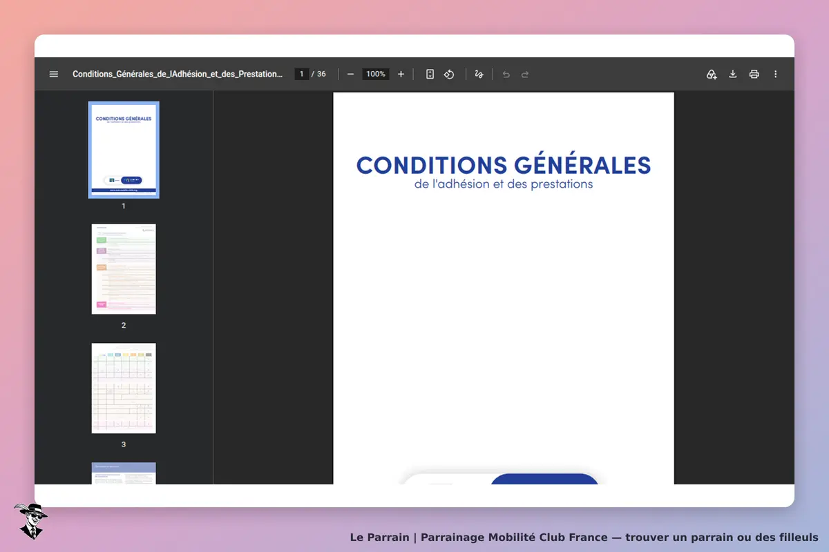 Mobilité Club France : document affichant les conditions générales d'adhésion et des prestations