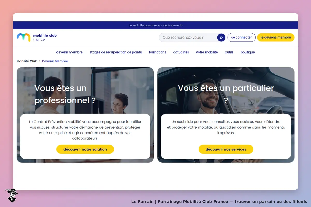 Mobilité Club France : page d'accueil avec options pour professionnels et particuliers
