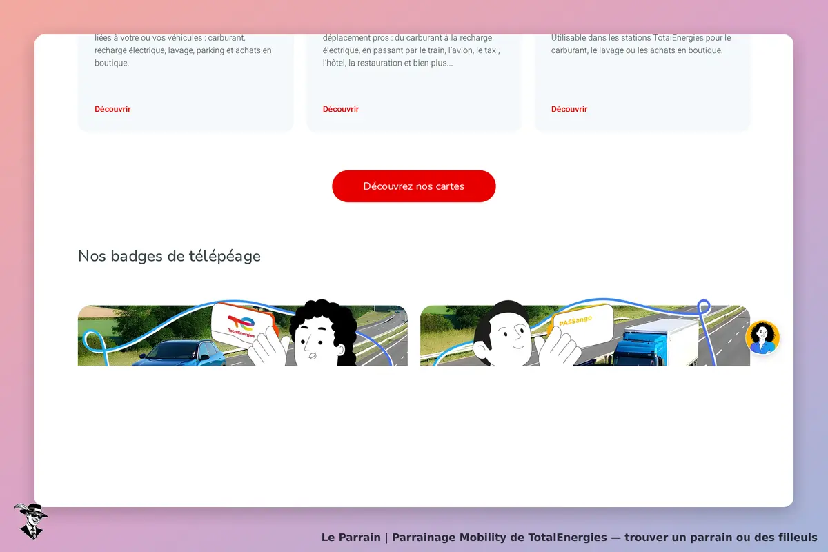 Mobility de TotalEnergies : totalEnergies : page d'accueil présentant des badges de télépéage et