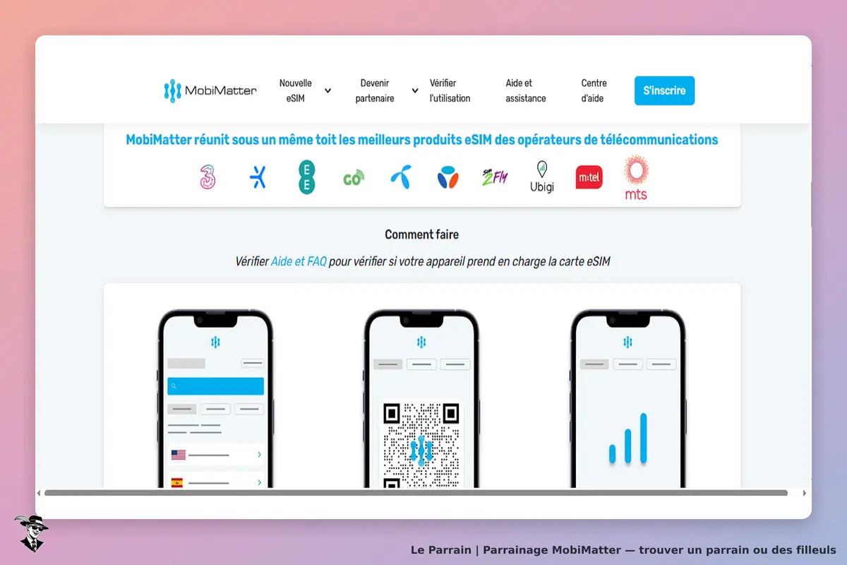 MobiMatter : page d'accueil présentant des smartphones et des instructions pour la carte eSIM