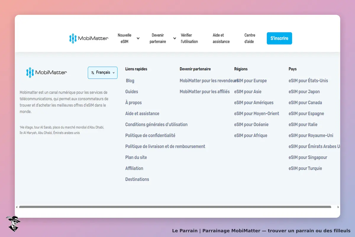 MobiMatter : page d'accueil avec menu et liens rapides sur les eSIM et assistance