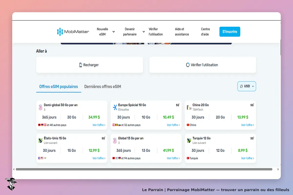 MobiMatter : page d'accueil avec offres eSIM populaires et options de recharge visibles