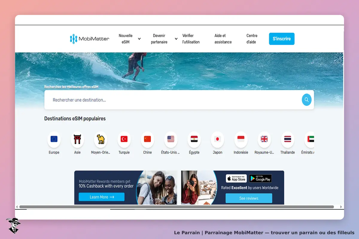 MobiMatter : page d'accueil avec recherche eSIM et destinations populaires affichées