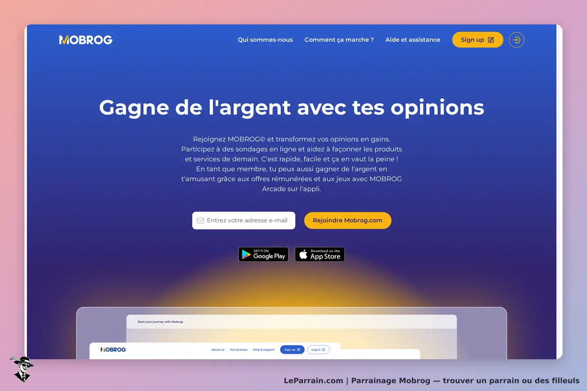 Mobrog : page d'accueil avec un message sur les sondages et un formulaire d'inscription