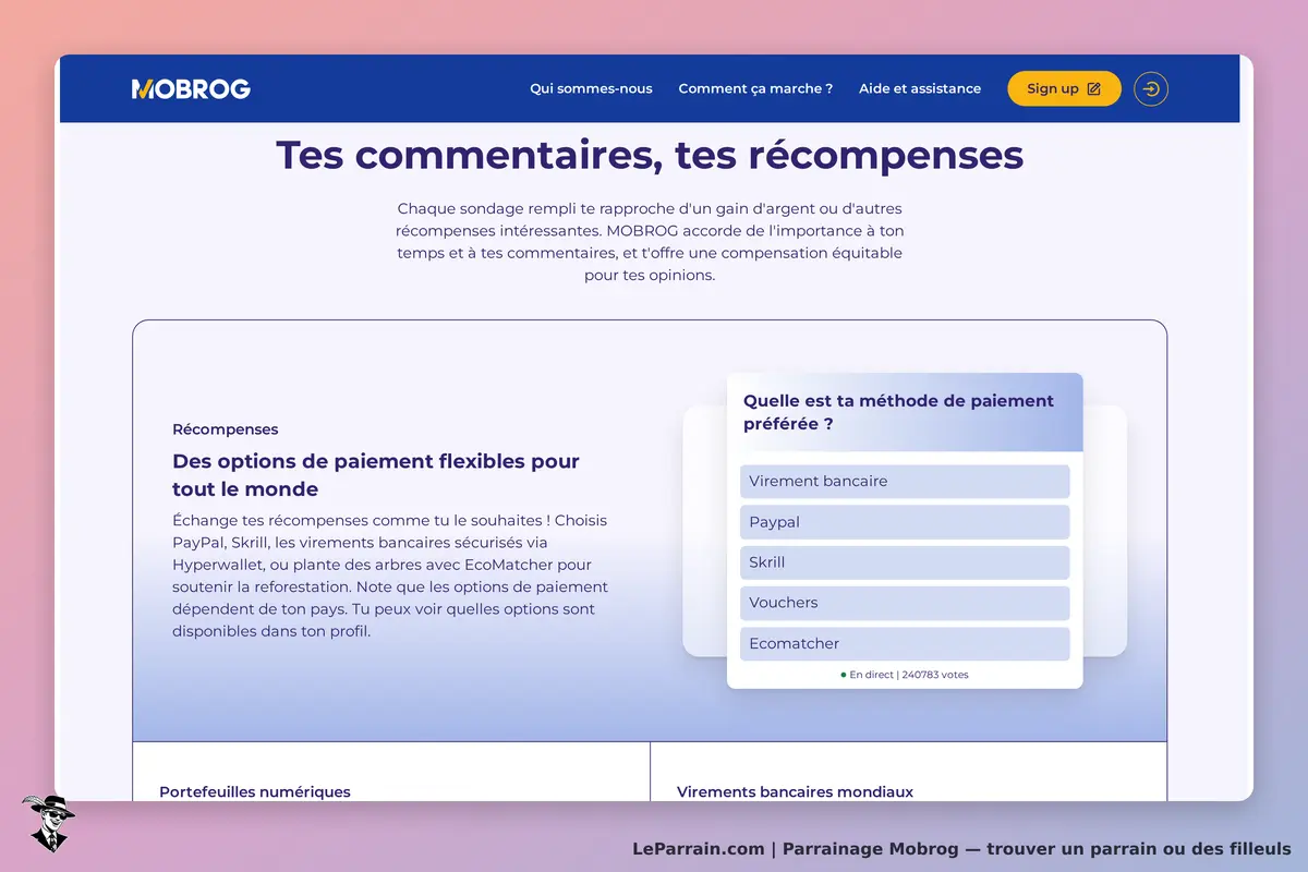Mobrog : page d'accueil avec options de paiement et question sur la méthode préférée