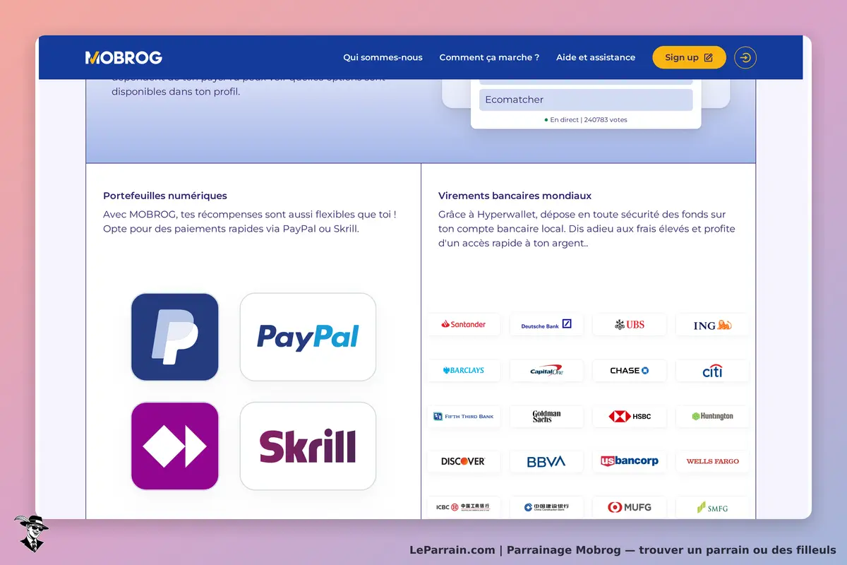 Mobrog : page d'accueil présentant des options de paiement et virements bancaires
