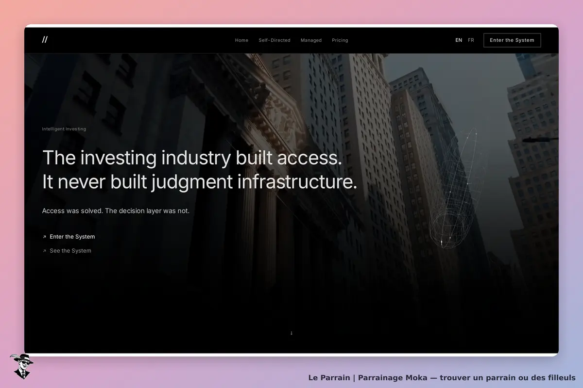 Moka : page d'accueil avec texte sur l'industrie de l'investissement et options d'entrée