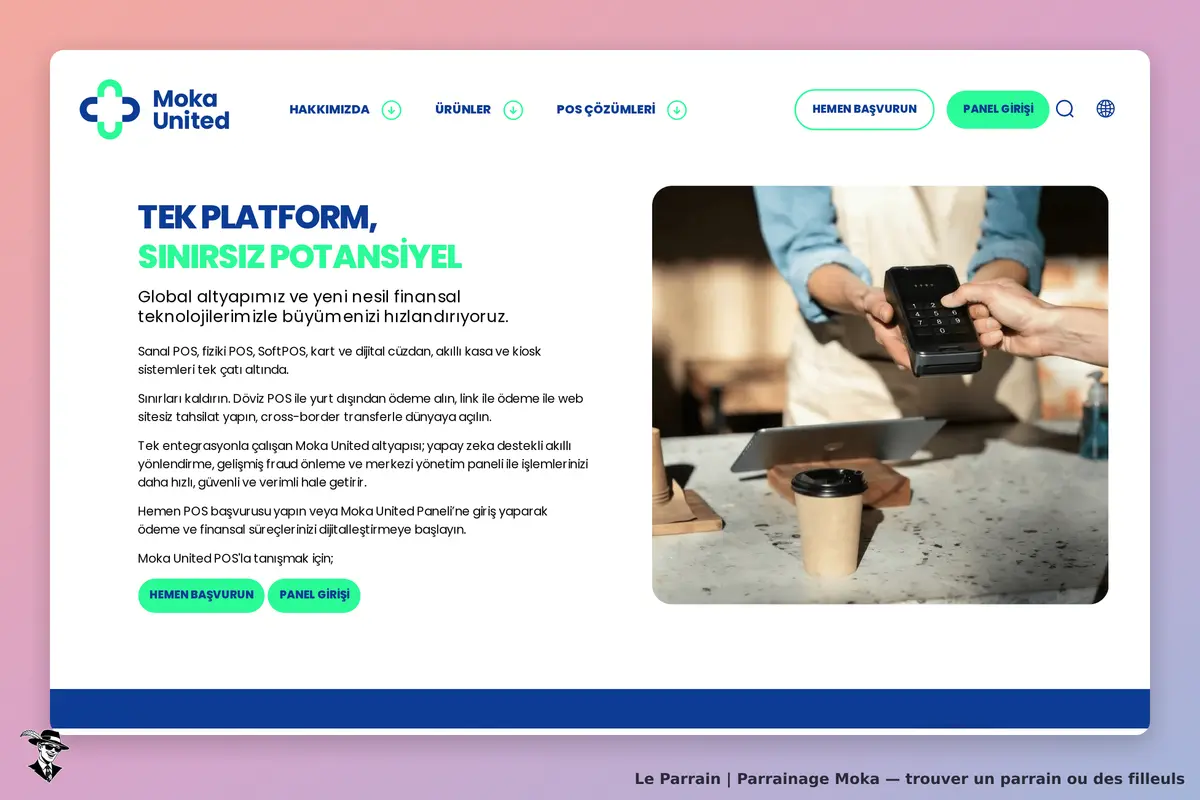 Moka : page d'accueil présentant des solutions de paiement avec une image de transaction