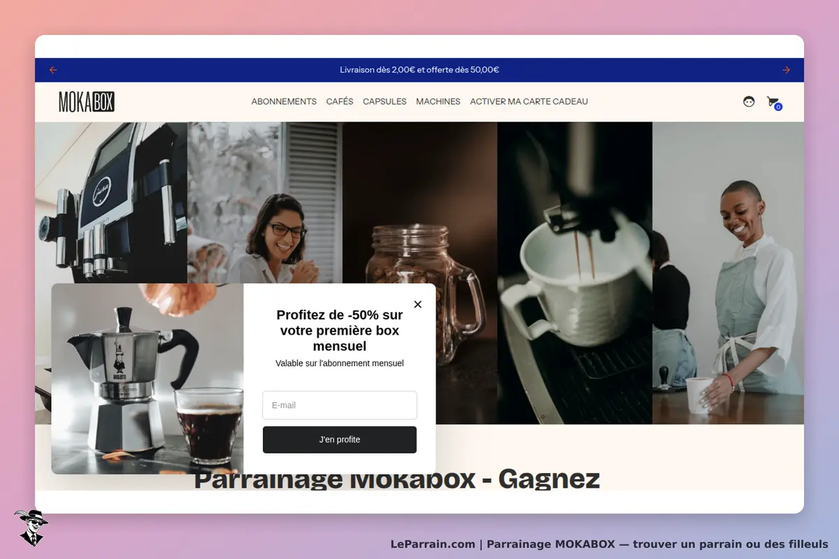 MOKABOX : page d'accueil avec des machines à café et un formulaire d'inscription