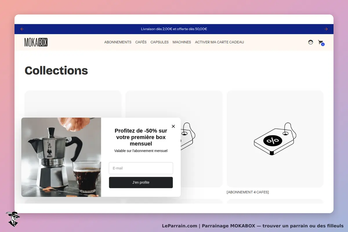 MOKABOX : page d'accueil présentant une cafetière et un formulaire d'inscription à une offre