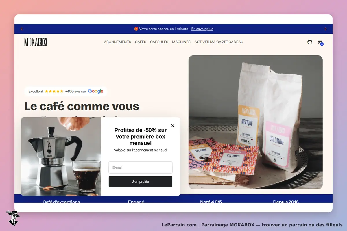 MOKABOX : page d'accueil avec café, machine à café et offres promotionnelles visibles