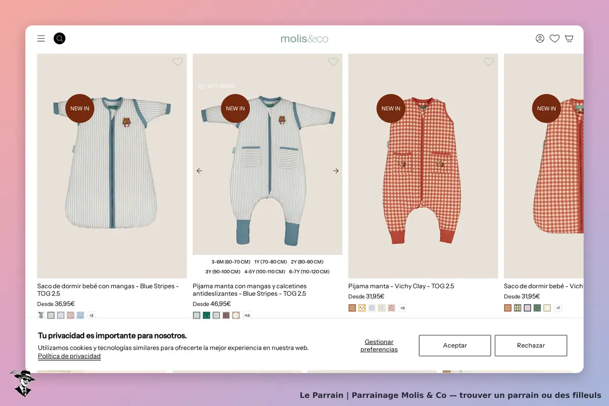 Molis & Co : page d'accueil présentant des vêtements pour bébés avec options de filtrage