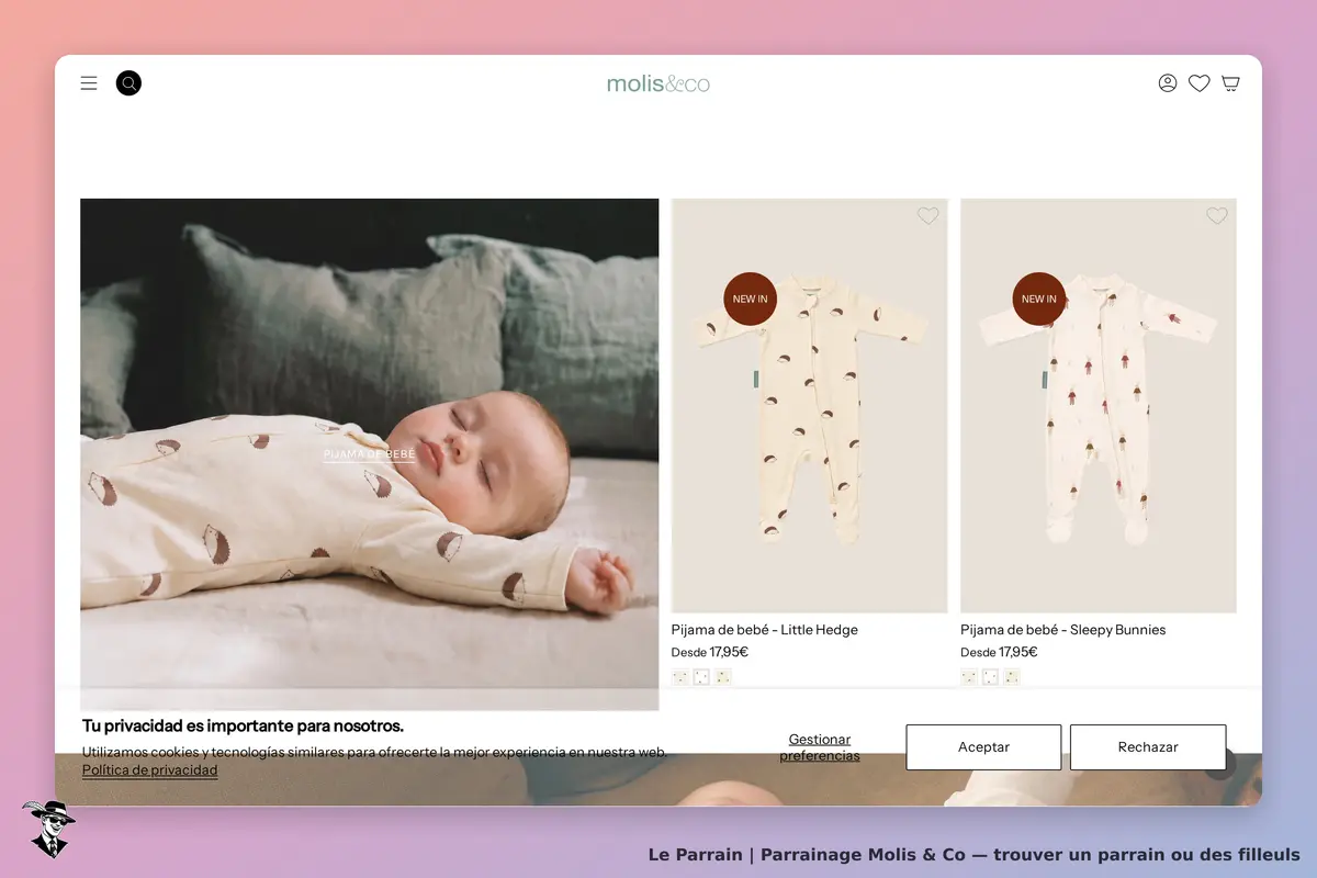 Molis & Co : un bébé endormi avec des pyjamas affichés à droite sur la page d'accueil