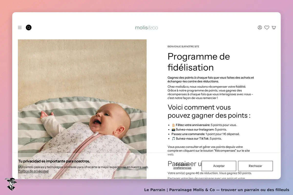 Molis & Co : page d'accueil avec programme de fidélisation et bébé sur un matelas rayé
