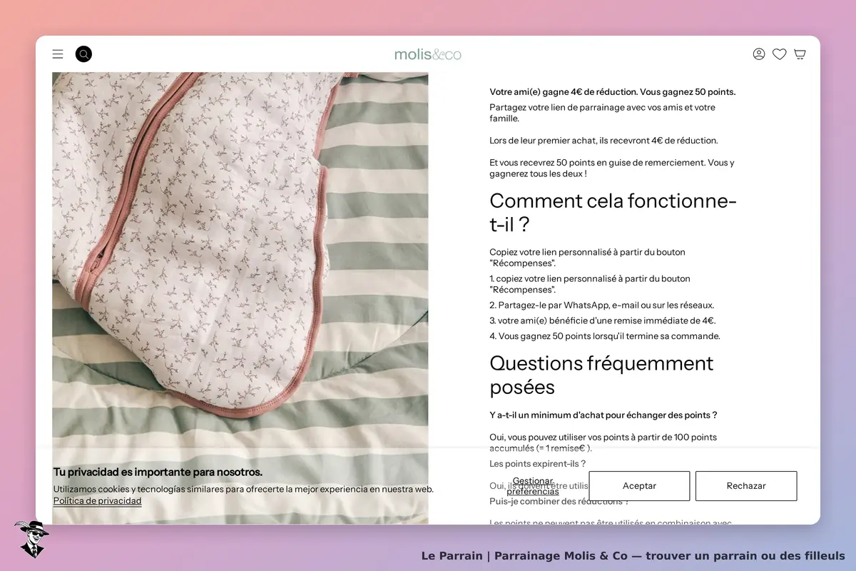 Molis & Co : un produit en tissu avec motifs, section sur le parrainage et FAQ à droite