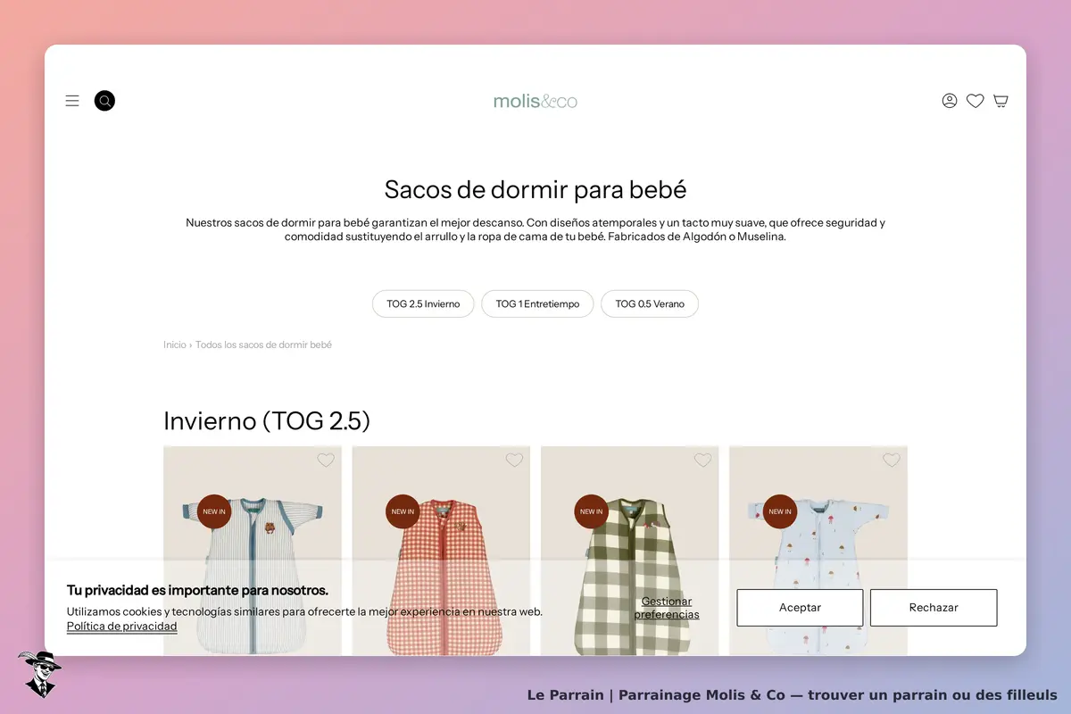 Molis & Co : page catégorie avec des sacs de dormir pour bébé en différentes couleurs et motifs