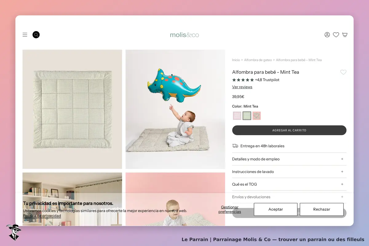 Molis & Co : présentation d'une alformbra pour bébé avec un enfant et un ballon en forme de
