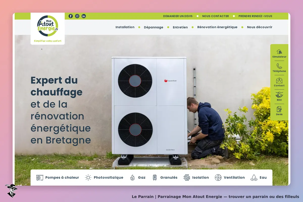 Mon Atout Energie : page d'accueil avec un installateur et une pompe à chaleur en Bretagne