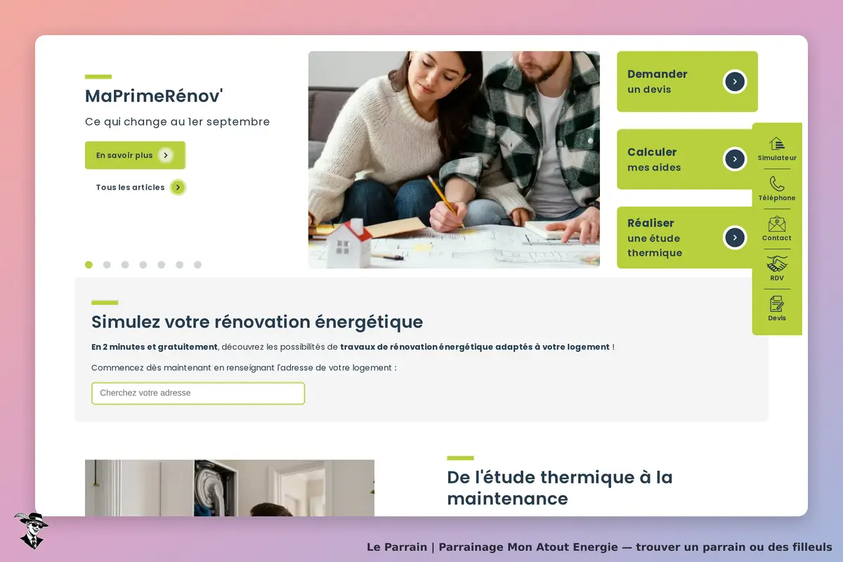 Mon Atout Energie : page d'accueil avec options de simulation et conseils pour rénovation