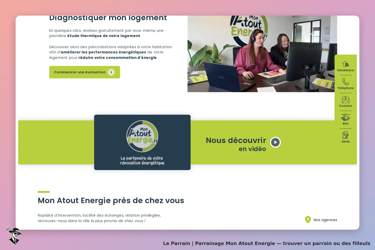 Mon Atout Energie : page d'accueil avec formulaire d'évaluation et deux personnes au bureau