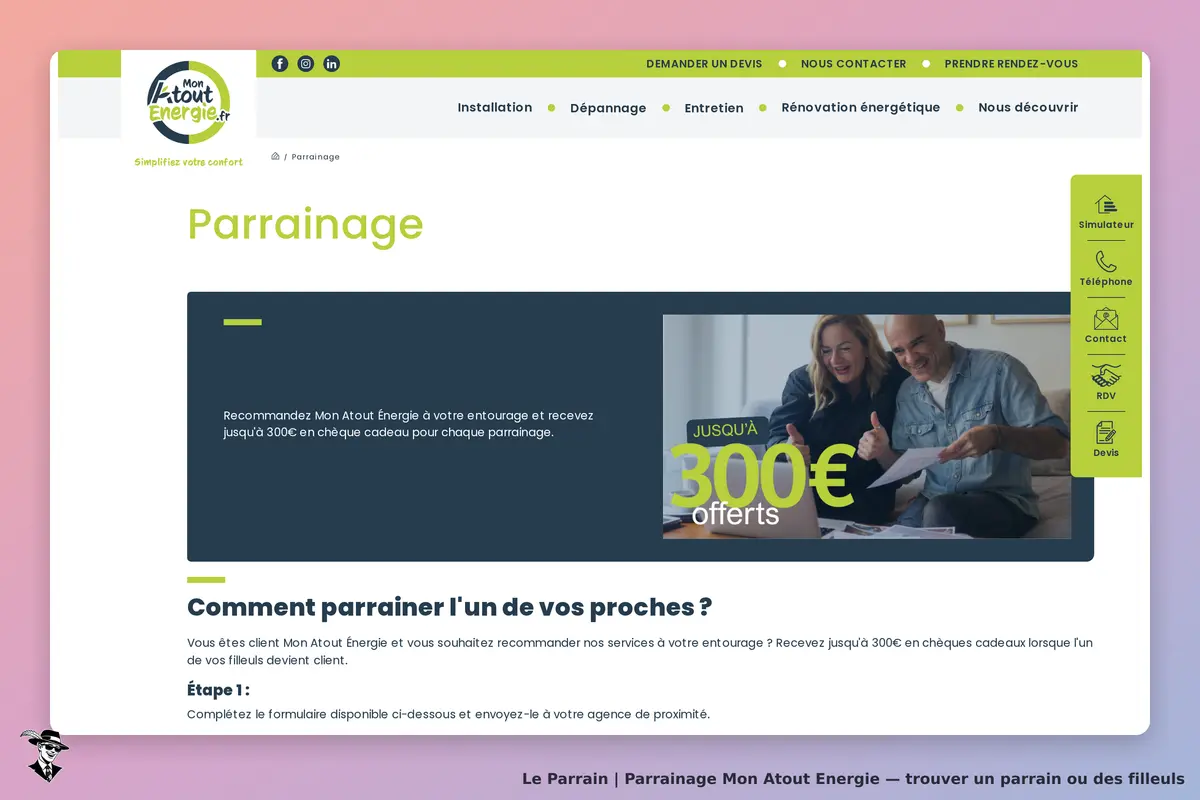 Mon Atout Energie : page de parrainage avec explications et image d'un couple souriant