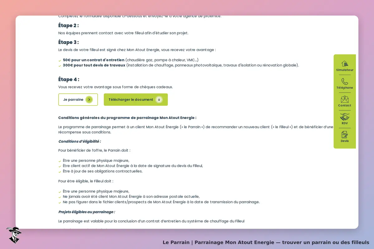 Mon Atout Energie : étapes et conditions du programme de parrainage affichées sur la page