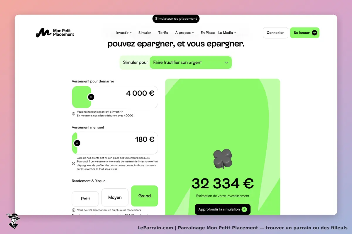Mon Petit Placement : page d'accueil avec simulateur de placement et options de versements