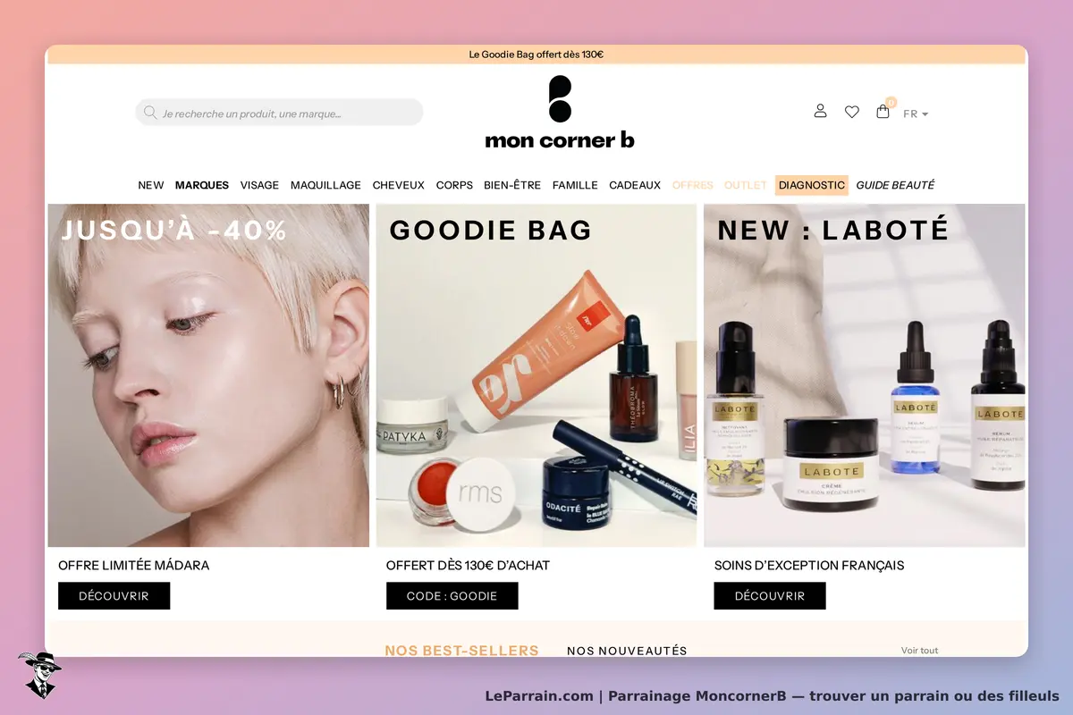 MoncornerB : page d'accueil avec produits de beauté et offres promotionnelles affichées