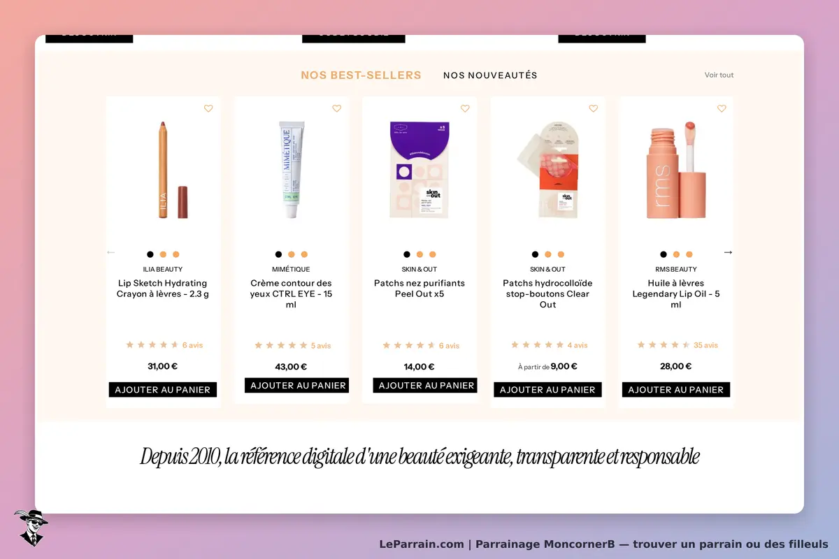 MoncornerB : section best-sellers avec plusieurs produits de beauté et options d'ajout au panier