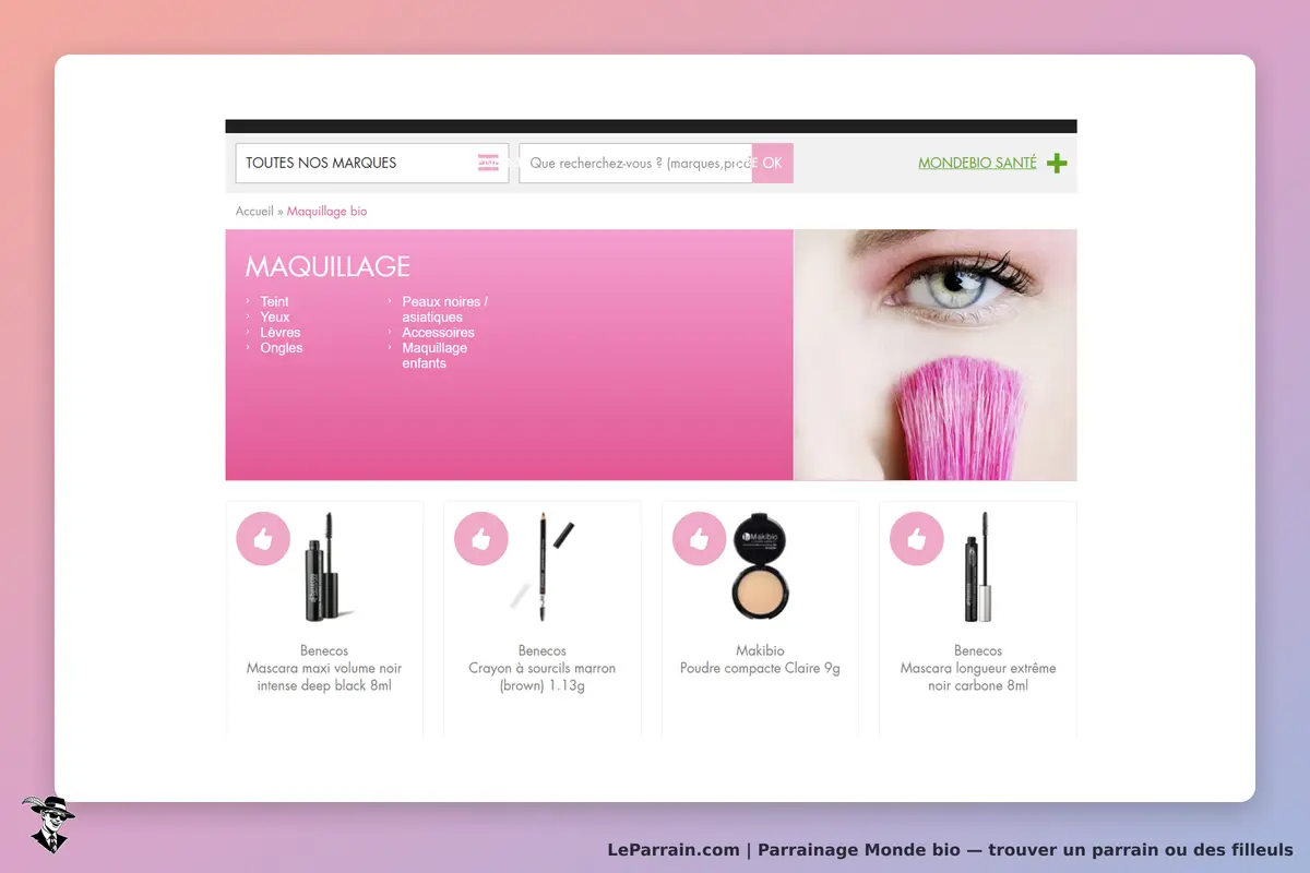 Monde bio : page d'accueil avec des produits de maquillage bio et un visuel d'application