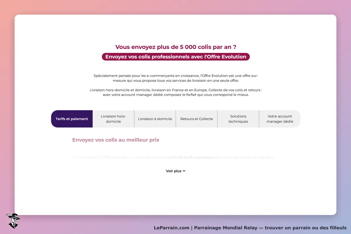 Mondial Relay : page d'accueil présentant l'offre Evolution pour l'envoi de colis professionnels