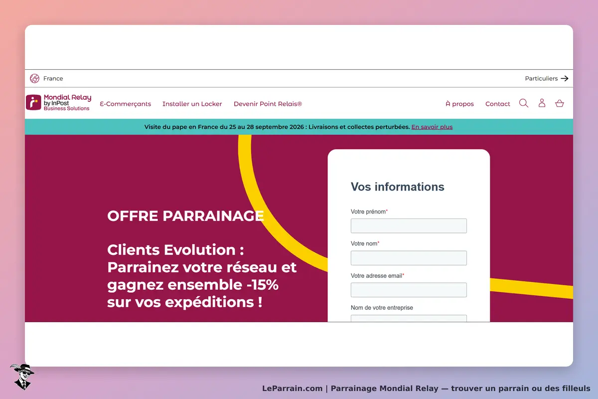 Mondial Relay : page d'accueil avec formulaire de parrainage et informations à remplir