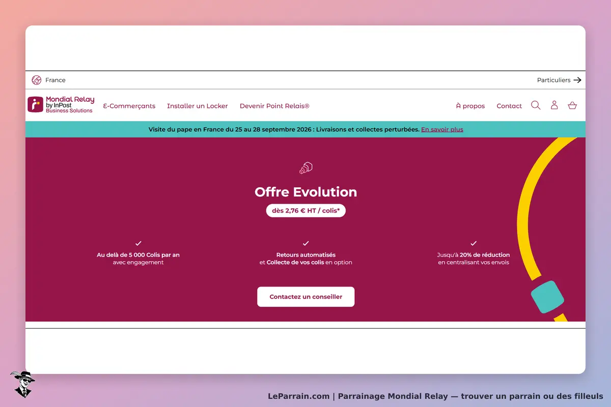 Mondial Relay : page d'accueil présentant l'offre Evolution et des services associés