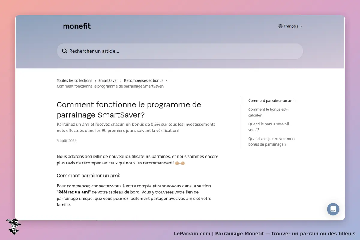 Monefit : page d'aide sur le programme de parrainage SmartSaver avec questions fréquentes